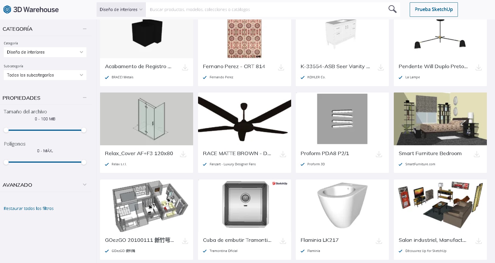 productos para diseño de interiores en biblioteca de Sketchup